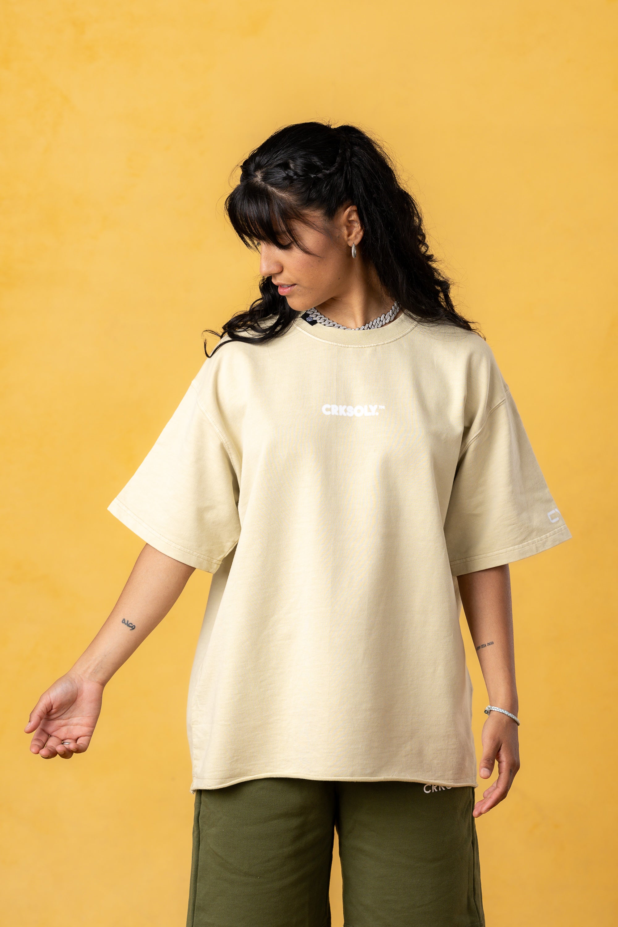 CRKSOLY. Women Oversized Cream Blur Cotton Tee