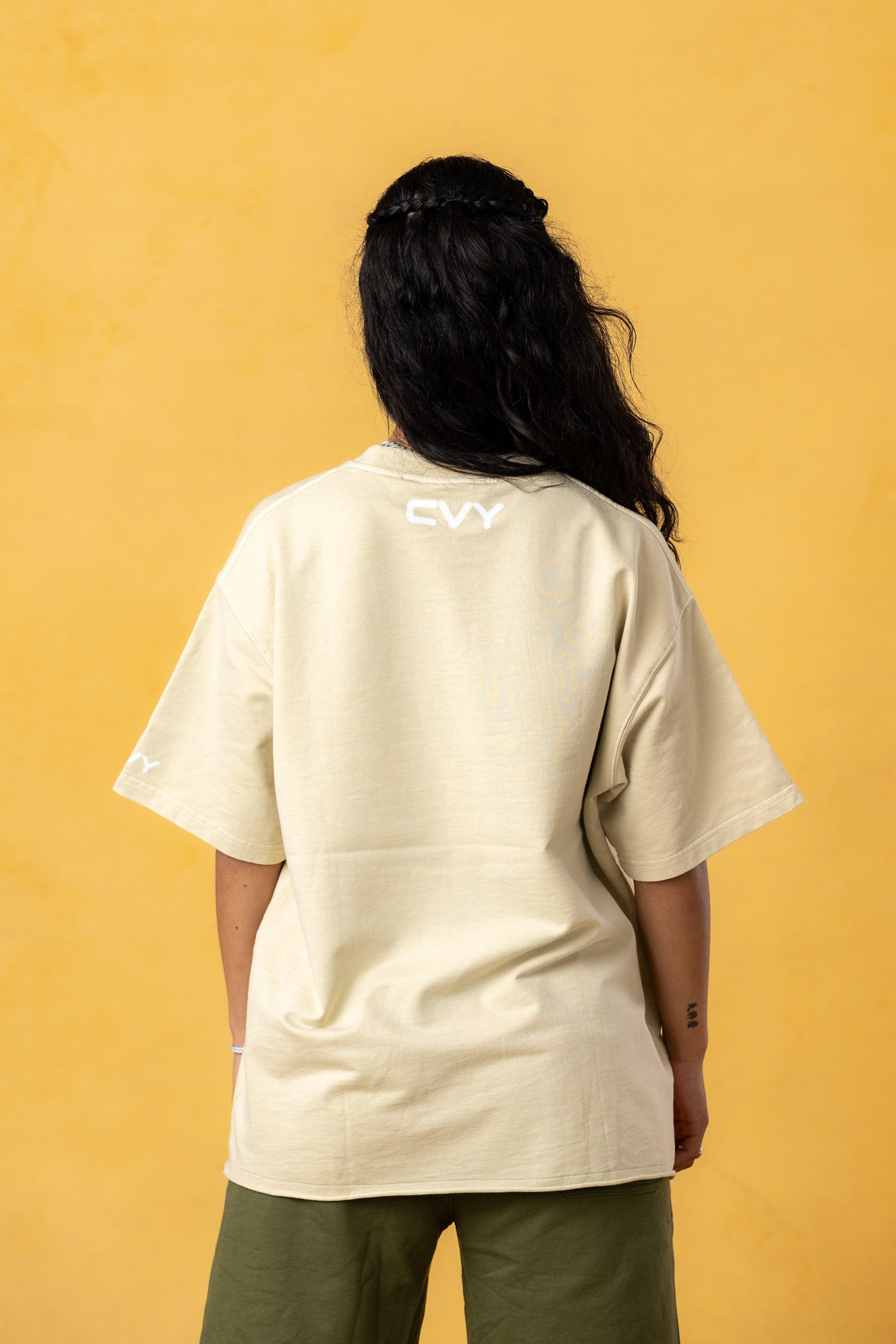 CRKSOLY. Women Oversized Cream Blur Cotton Tee