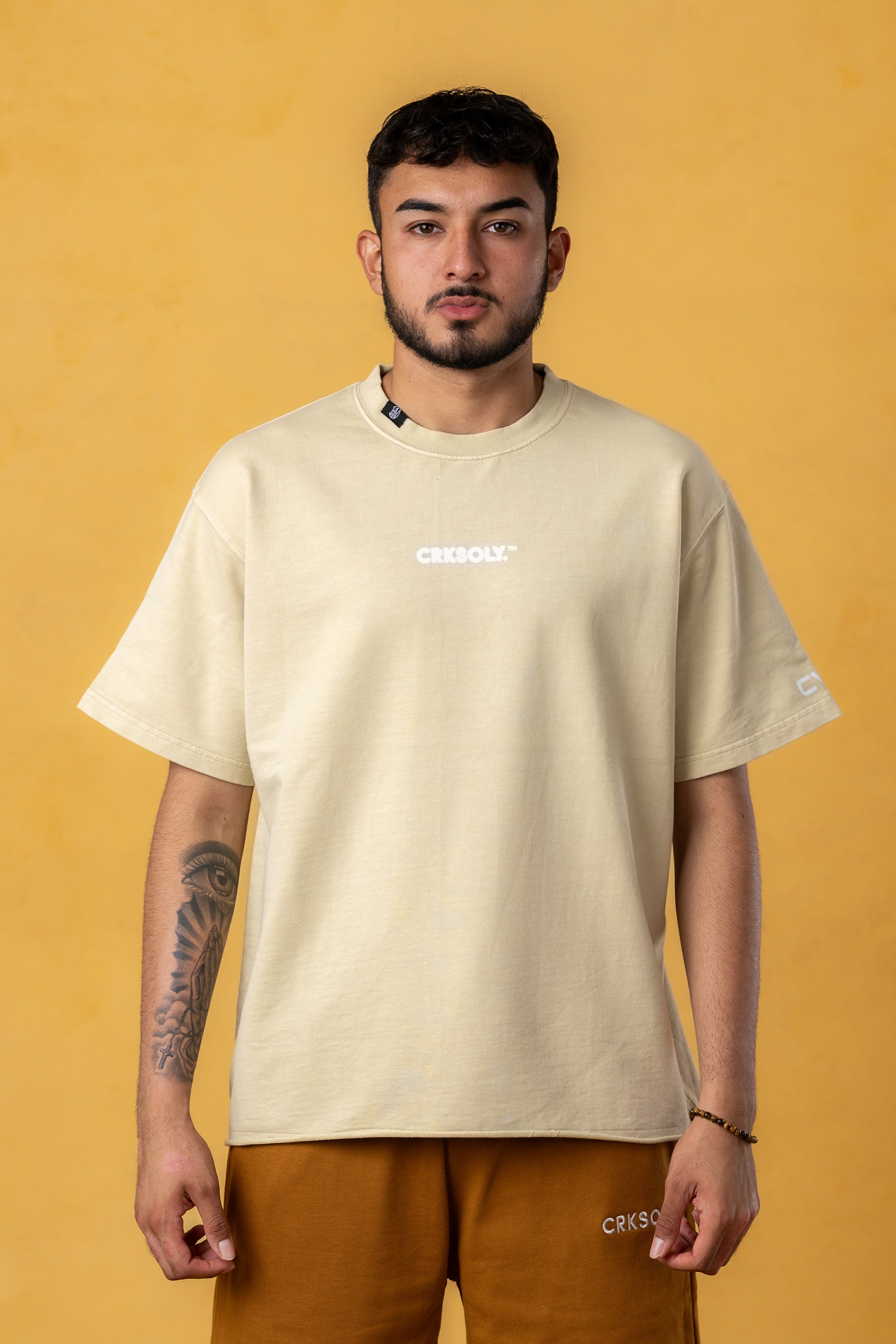 CRKSOLY. Men Oversize Cream Blur Cotton Tee