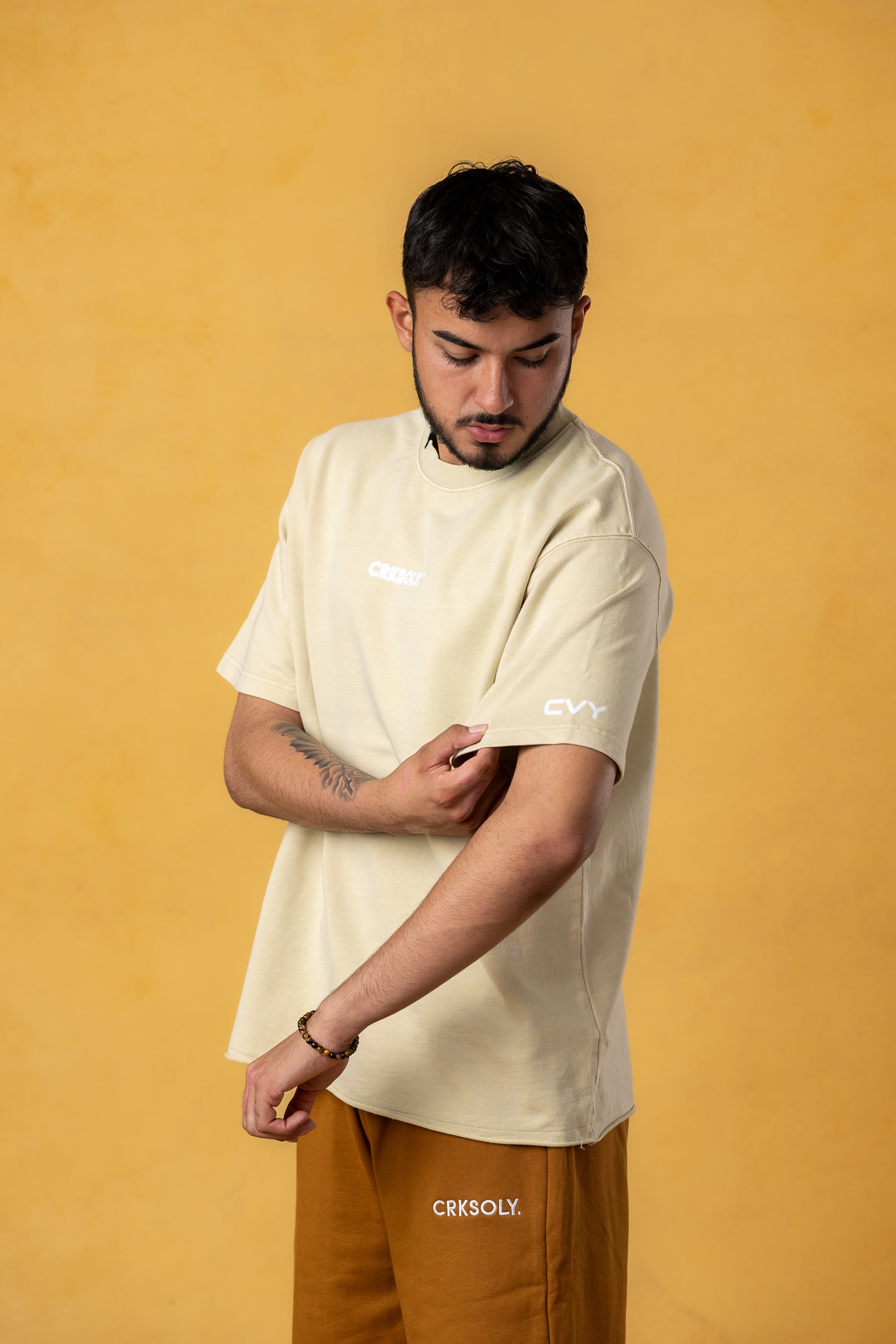 CRKSOLY. Men Oversize Cream Blur Cotton Tee