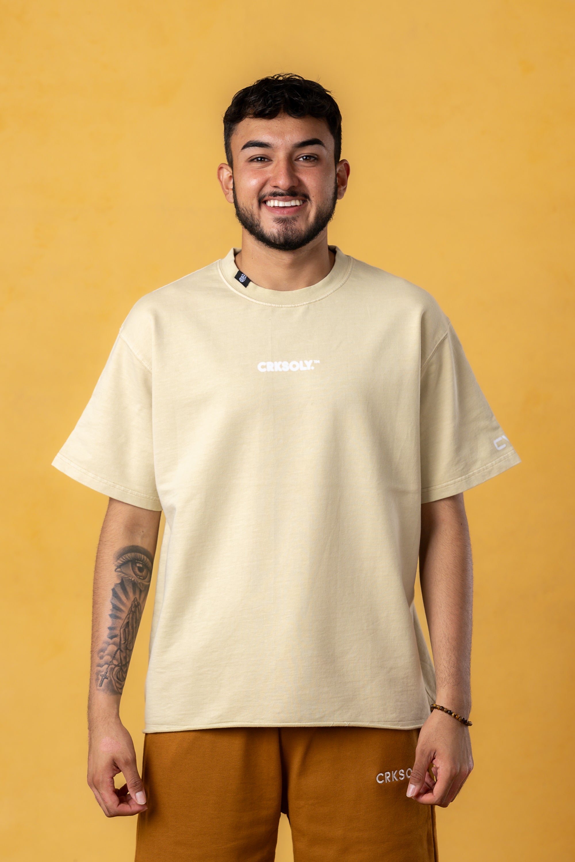 CRKSOLY. Men Oversize Cream Blur Cotton Tee